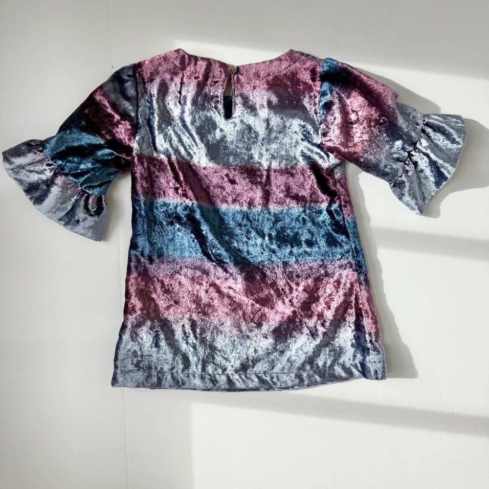 Peek Kids Velvet Ruffle Sleeve Dress Purple Blue Striped Size 6-12M - Picture 4 of 4